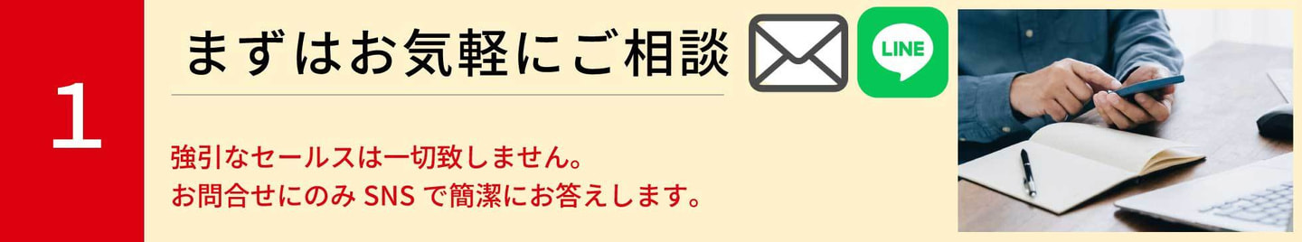 1.まずはオンライン相談。強引なセールスは一切致しません。  お問合せにのみ簡潔にお答え致します。